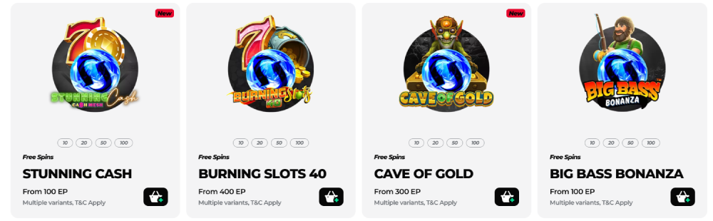 Four Energy Casino free spins offers for the slots Stunning Cash Burning Slots 40 Cave of Gold and Big Bass Bonanza